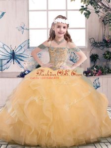 Stunning Peach Off The Shoulder Neckline Beading Little Girls Pageant Dress Sleeveless Lace Up