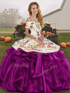 Lovely Off The Shoulder Sleeveless Organza Quinceanera Gowns Embroidery and Ruffles Lace Up
