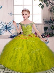 Olive Green Tulle Lace Up Kids Pageant Dress Sleeveless Floor Length Beading and Ruffles