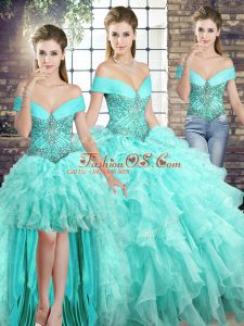 Off The Shoulder Sleeveless Quinceanera Gowns Brush Train Beading and Ruffles Aqua Blue Organza