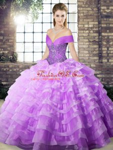 Brush Train Ball Gowns Quinceanera Dresses Lavender Off The Shoulder Organza Sleeveless Lace Up