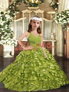 Cute Floor Length Olive Green Little Girls Pageant Dress Organza Sleeveless Ruffles