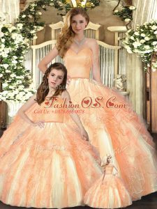 Designer Orange Sleeveless Floor Length Beading and Ruffles Lace Up Quinceanera Gowns