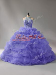 Custom Fit Lavender Ball Gowns Halter Top Sleeveless Organza Court Train Lace Up Beading and Pick Ups Ball Gown Prom Dress