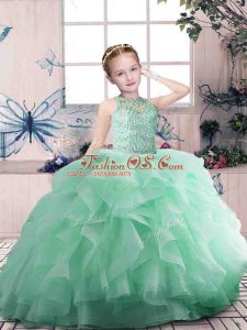 Floor Length Zipper Pageant Gowns For Girls Apple Green for Party and Sweet 16 and Wedding Party with Beading and Ruffles