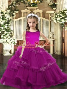 Floor Length Purple Little Girl Pageant Gowns Tulle Sleeveless Ruffled Layers