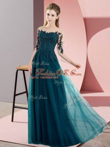 Classical Floor Length Peacock Green Dama Dress Bateau Half Sleeves Lace Up