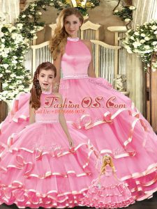 Shining Floor Length Pink Quinceanera Gown Organza Sleeveless Beading and Ruffled Layers