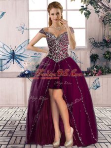 Shining Purple Lace Up Off The Shoulder Beading Dress for Prom Tulle Sleeveless