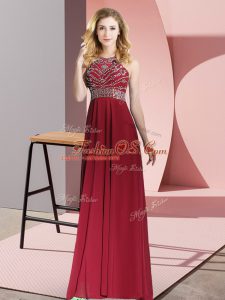 Scoop Sleeveless Runway Inspired Dress Floor Length Beading Burgundy Chiffon