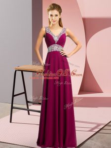 Fuchsia Lace Up V-neck Beading Prom Party Dress Chiffon Sleeveless