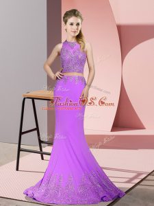 High Class Lavender Mermaid Beading and Appliques Evening Dress Zipper Satin Sleeveless