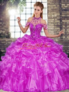 Unique Sleeveless Lace Up Floor Length Beading and Ruffles Sweet 16 Quinceanera Dress