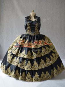 High Quality Black Lace Up Quince Ball Gowns Embroidery Sleeveless Floor Length