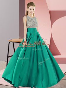 Turquoise Empire Elastic Woven Satin Scoop Sleeveless Beading Floor Length Backless Prom Dresses