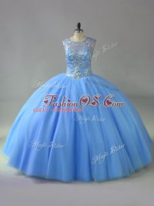 Suitable Floor Length Blue Quince Ball Gowns Scoop Sleeveless Lace Up