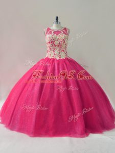 Hot Pink Sleeveless Appliques Floor Length Quinceanera Gown