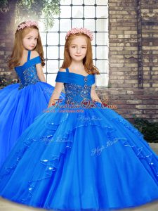 Tulle Straps Sleeveless Lace Up Beading Little Girls Pageant Gowns in Blue