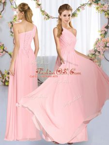 Baby Pink Chiffon Lace Up Quinceanera Court Dresses Sleeveless Floor Length Ruching