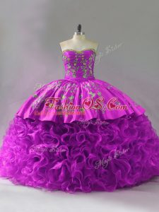 Fuchsia Ball Gowns Beading and Embroidery and Ruffles Sweet 16 Dresses Lace Up Organza and Fabric With Rolling Flowers Sleeveless
