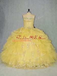 Yellow Sweet 16 Dresses Sweet 16 and Quinceanera with Appliques and Ruffles Sweetheart Sleeveless Lace Up