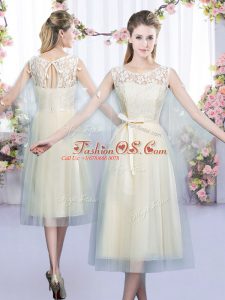 Adorable Champagne Empire Tulle Scoop Sleeveless Lace and Belt Tea Length Lace Up Dama Dress