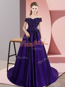New Arrival Satin Off The Shoulder Sleeveless Court Train Zipper Lace Quinceanera Dresses in Purple