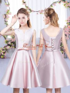 Clearance Baby Pink Satin Lace Up Dama Dress for Quinceanera Sleeveless Mini Length Bowknot