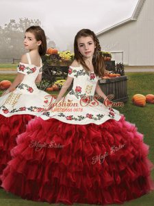 Custom Design Embroidery and Ruffled Layers Girls Pageant Dresses Red Lace Up Sleeveless Floor Length