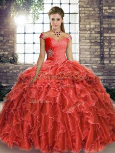 Brush Train Ball Gowns Ball Gown Prom Dress Coral Red Off The Shoulder Organza Sleeveless Lace Up
