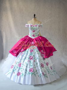 Wonderful Organza Off The Shoulder Sleeveless Lace Up Embroidery and Ruffles Quinceanera Gowns in Pink And White