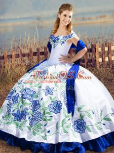 Flare Blue And White Off The Shoulder Lace Up Embroidery and Ruffles Sweet 16 Dresses Sleeveless