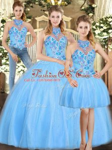 Elegant Sleeveless Tulle Floor Length Lace Up Quinceanera Gowns in Baby Blue with Embroidery