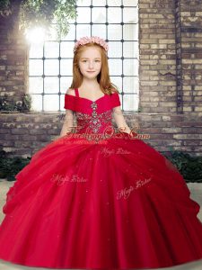 Red Sleeveless Floor Length Beading Lace Up Child Pageant Dress