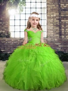 Classical Tulle Lace Up Straps Sleeveless Floor Length Little Girls Pageant Dress Beading and Ruffles