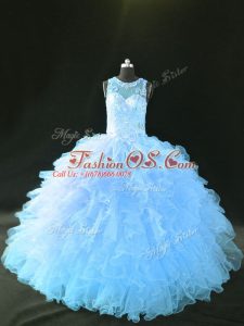 Blue and Light Blue Sleeveless Organza Lace Up Quinceanera Gown for Sweet 16 and Quinceanera