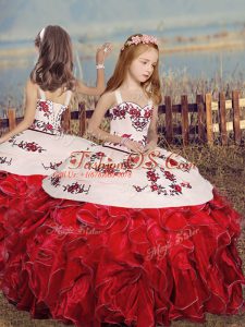 Popular Red Sleeveless Embroidery and Ruffles Floor Length Kids Formal Wear