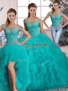 Fine Sleeveless Brush Train Beading and Ruffles Lace Up Quinceanera Dress