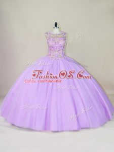 Cute Lavender Lace Up Scoop Beading Quinceanera Dress Tulle Sleeveless