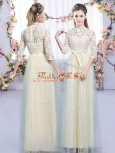 Inexpensive Empire Quinceanera Court Dresses Champagne High-neck Tulle Half Sleeves Floor Length Zipper