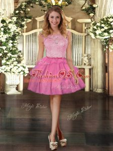 Sleeveless Tulle Mini Length Zipper Hoco Dress in Rose Pink with Lace and Ruffled Layers