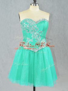 Pretty Turquoise Tulle Lace Up Sweetheart Sleeveless Mini Length Prom Party Dress Beading