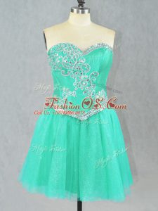 Pretty Turquoise Tulle Lace Up Sweetheart Sleeveless Mini Length Prom Party Dress Beading