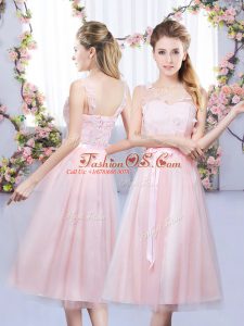 Customized Baby Pink V-neck Neckline Lace and Belt Dama Dress Sleeveless Lace Up