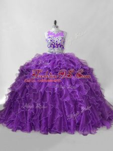Unique Sleeveless Organza Brush Train Zipper Vestidos de Quinceanera in Purple with Beading and Ruffles
