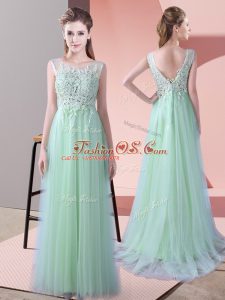 Apple Green Empire Scoop Sleeveless Tulle Brush Train Zipper Beading and Lace Dama Dress for Quinceanera