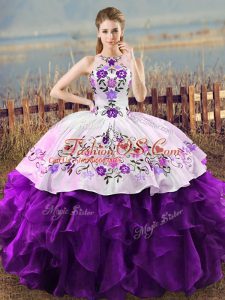 White And Purple 15 Quinceanera Dress Sweet 16 and Quinceanera with Embroidery and Ruffles Halter Top Sleeveless Lace Up