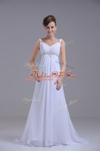 Smart White Lace Up Straps Beading Wedding Gown Chiffon Sleeveless Brush Train