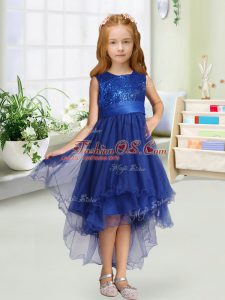 Free and Easy Royal Blue A-line Sequins and Bowknot Flower Girl Dresses Zipper Organza Sleeveless High Low