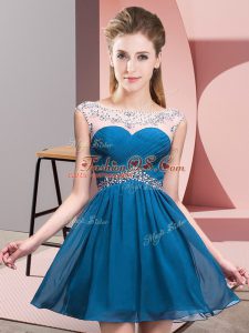 Fashionable Blue Chiffon Backless Prom Evening Gown Sleeveless Mini Length Beading